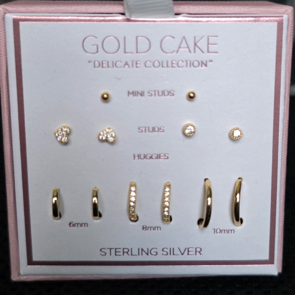 GOLD CAKE Steeling Silver Mini Earrings, Brand New, 6 Pairs